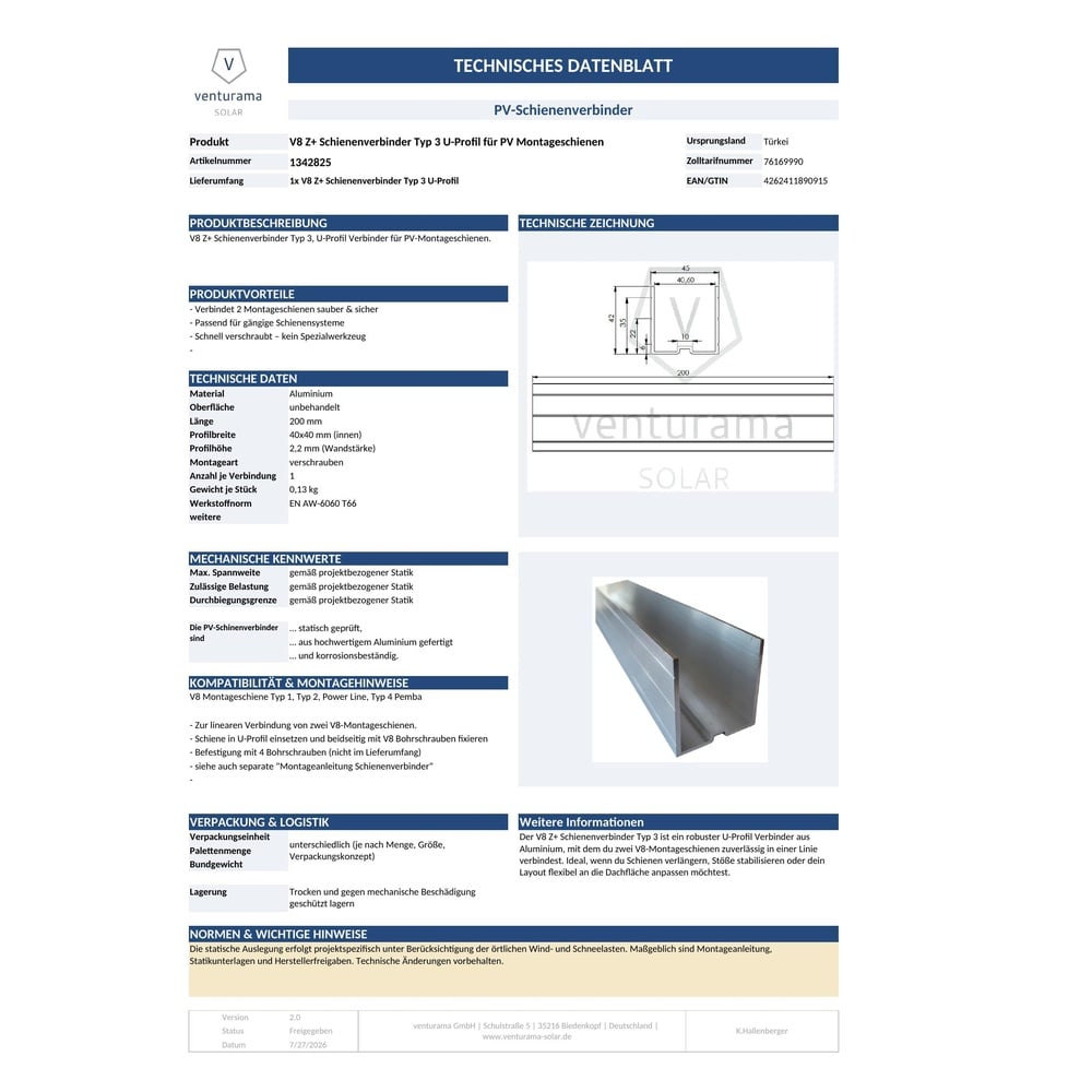 Alternative view of V8 Z+ Schienenverbinder Typ 3 U-Profil für PV Montageschienen