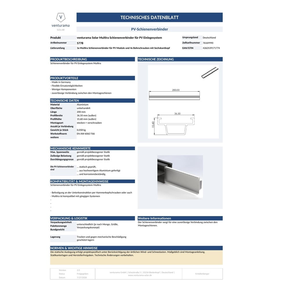 Alternative view of venturama Solar Multira Schienenverbinder für PV Einlegesystem