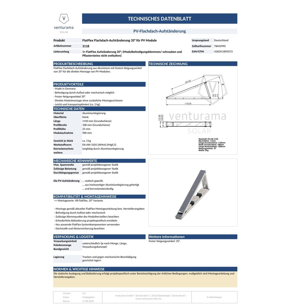 Alternative view of FlatFlex Flachdach-Aufständerung  35° für PV Module
