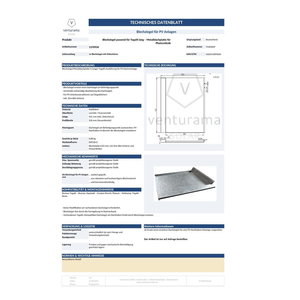 Alternative view of Blechziegel passend für Tegalit lang – Metalldachplatten für Photovoltaik