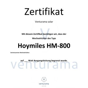 Zertifikat für Hoymiles Wechselrichter Drosselung von 800W auf 600W