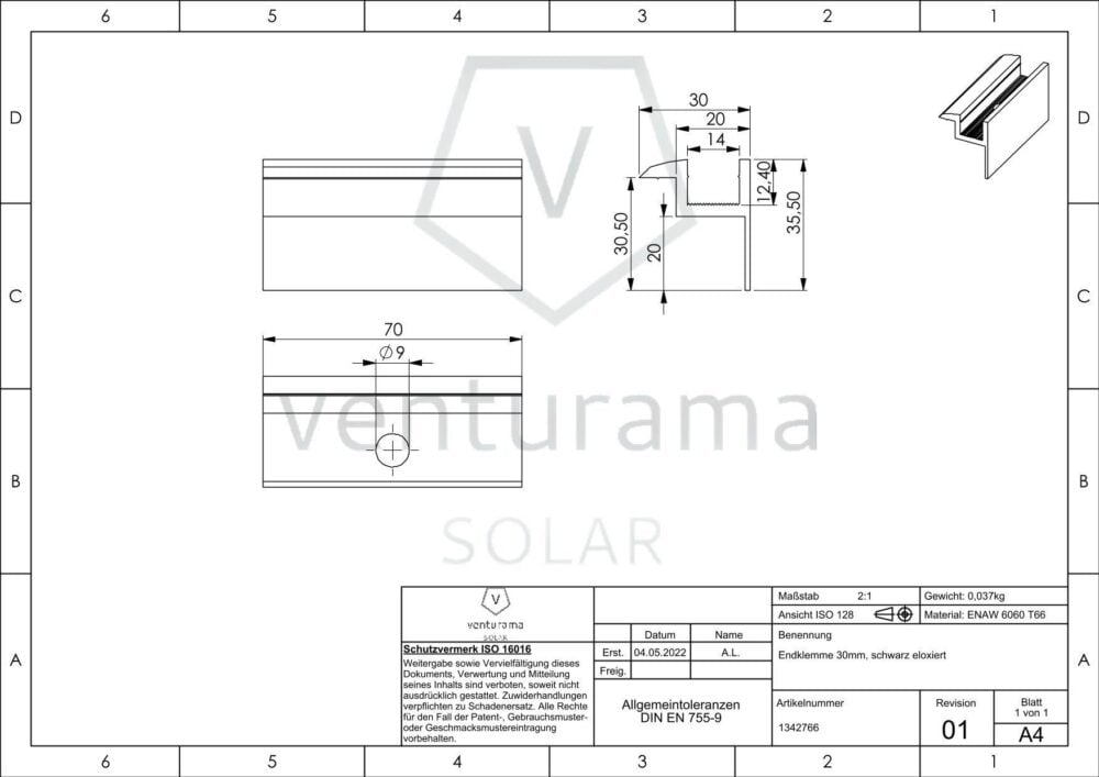 Zeichnung für Endklemme mit Klick-System (schwarz- eloxiert)