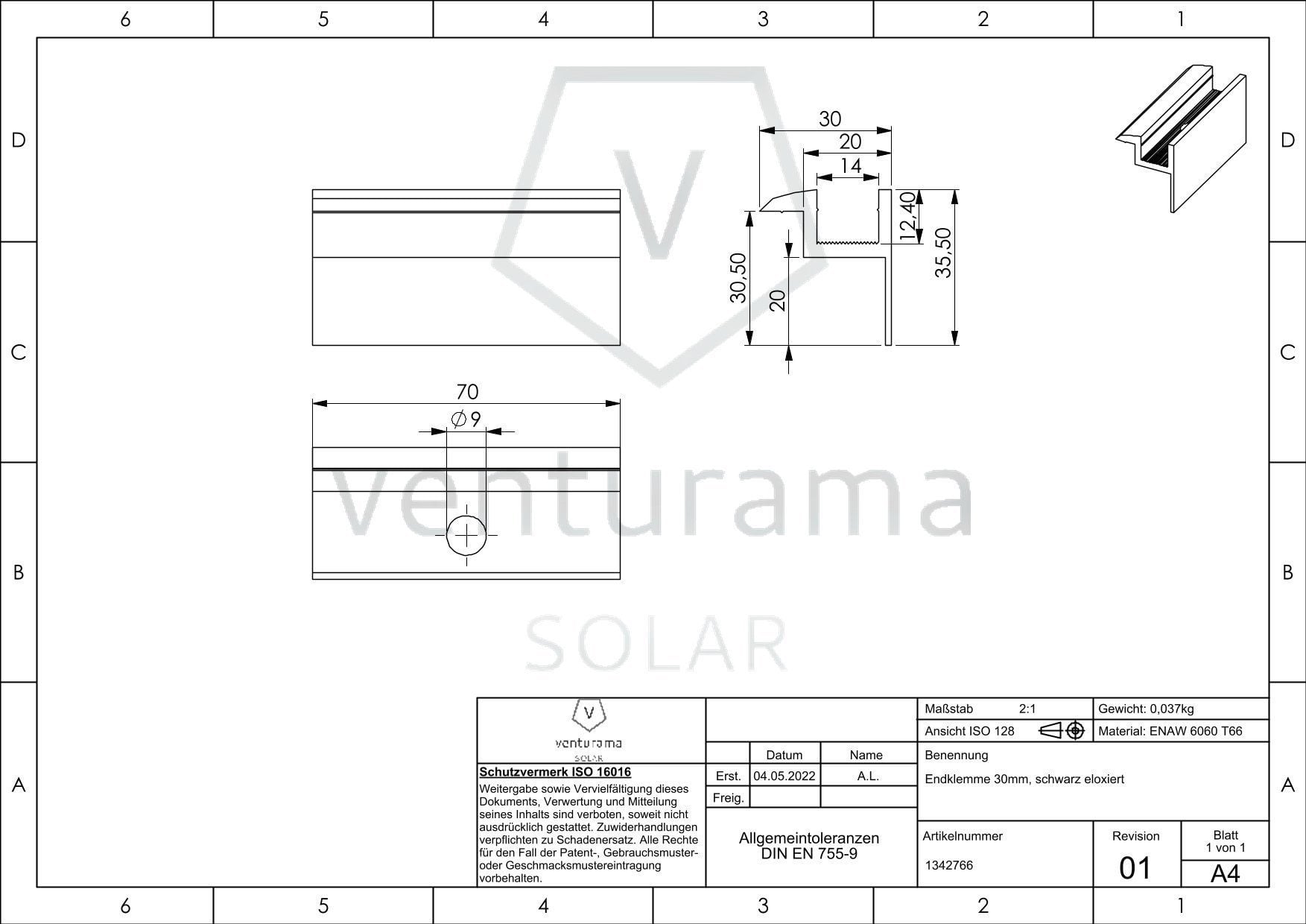 Zeichnung für Endklemme mit Klick-System (schwarz- eloxiert)