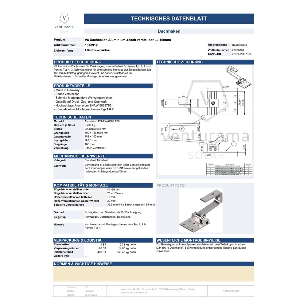 Alternative view of V8 Dachhaken Aluminium 3-fach verstellbar LL 160mm