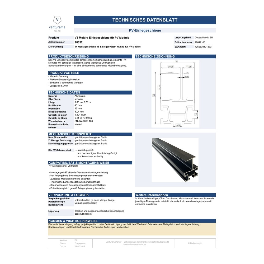 Alternative view of V8 Multira Einlegeschiene für PV Module