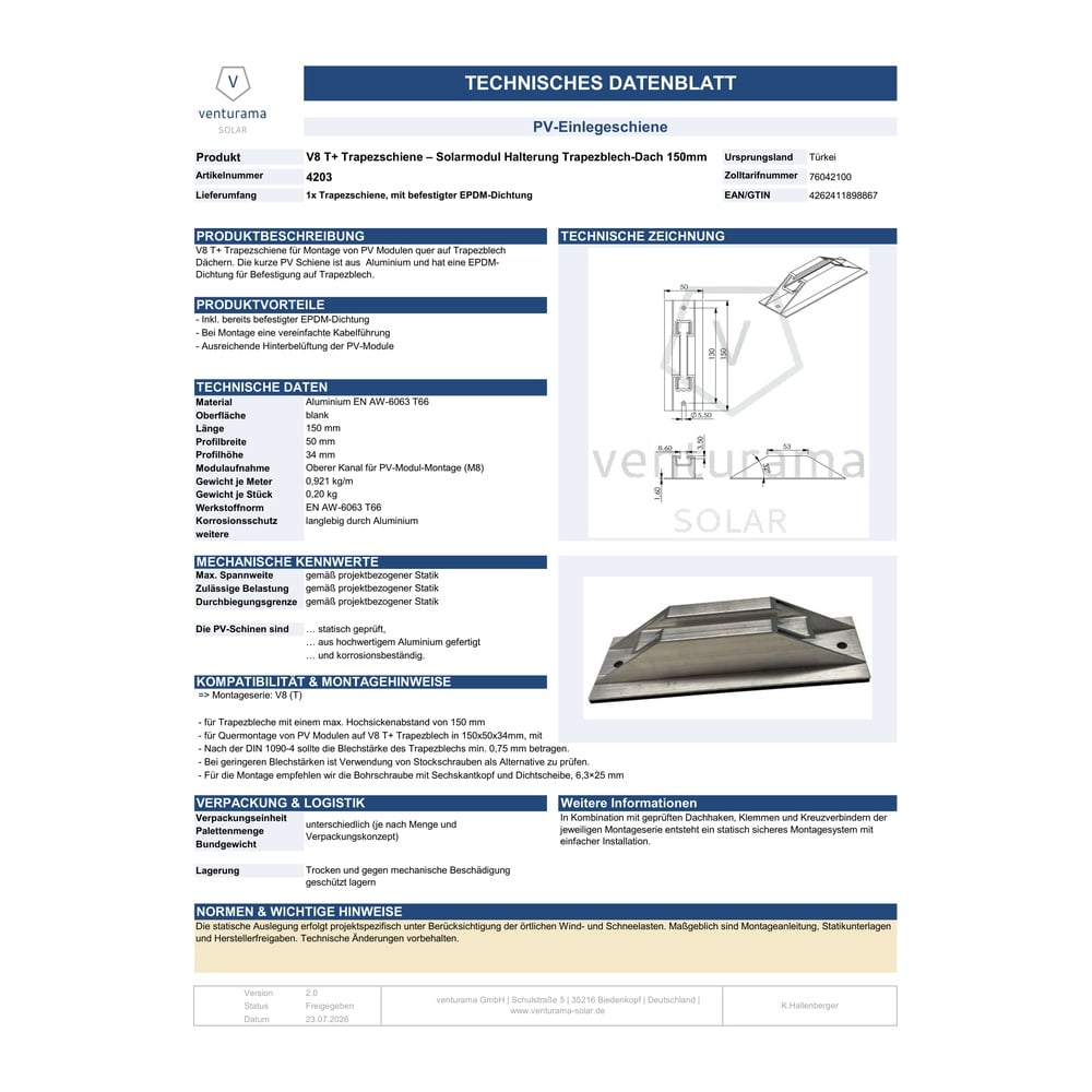 Alternative view of V8 T+ Trapezschiene - Solarmodul Halterung Trapezblech-Dach 150mm