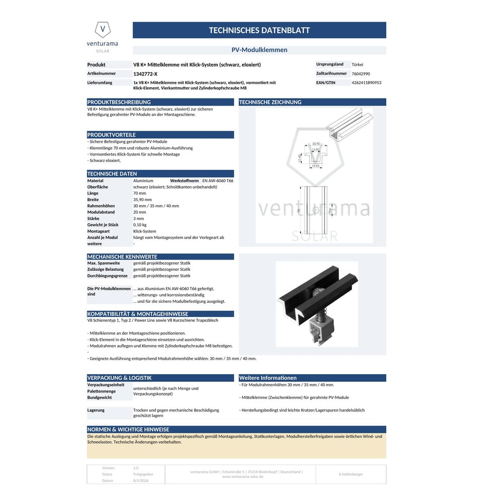 Alternative view of V8 K+ Mittelklemme mit Klick-System (schwarz, eloxiert)