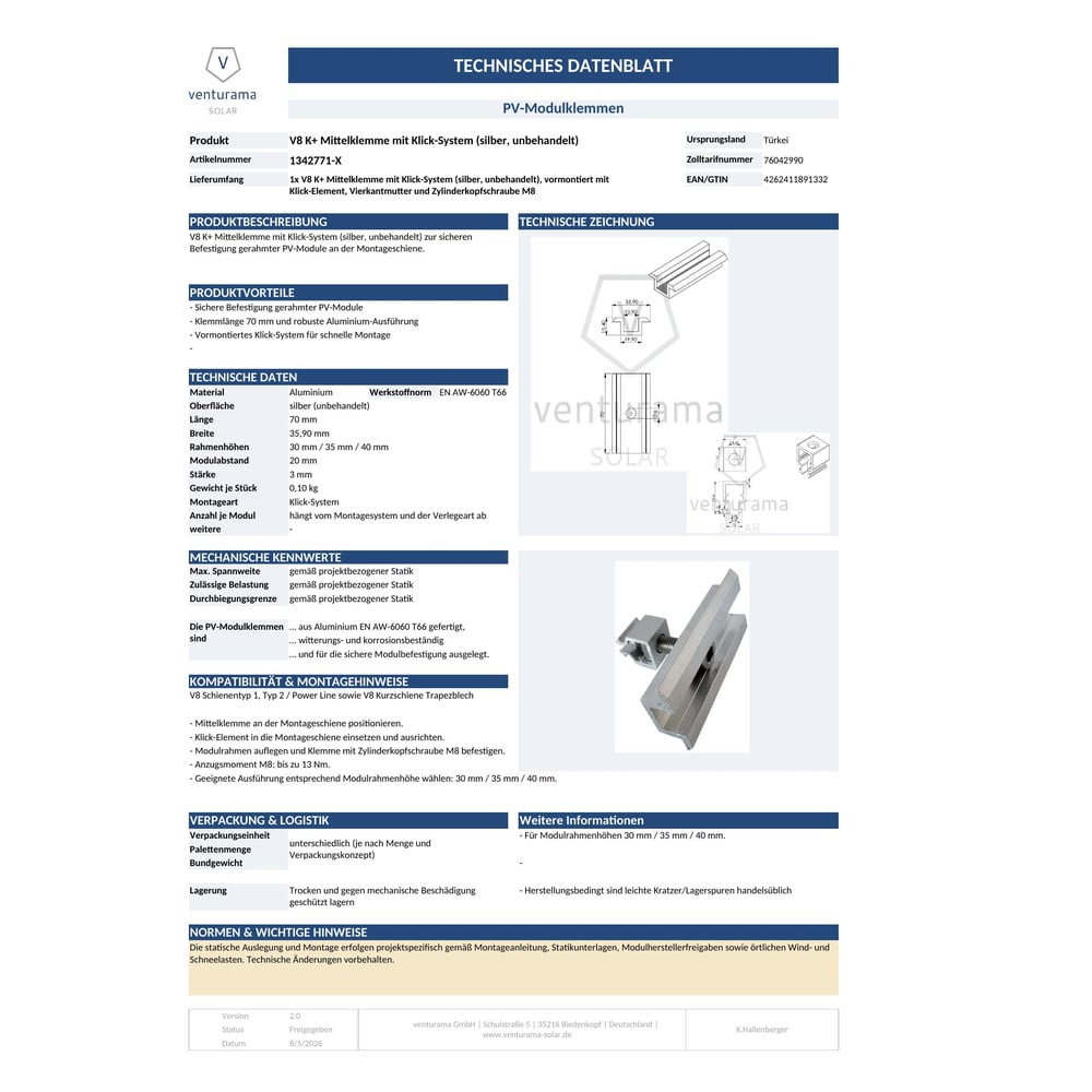 Alternative view of V8 K+ Mittelklemme mit Klick-System (silber, unbehandelt)