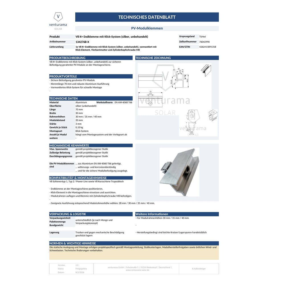 Alternative view of V8 K+ Endklemme mit Klick-System (silber, unbehandelt)