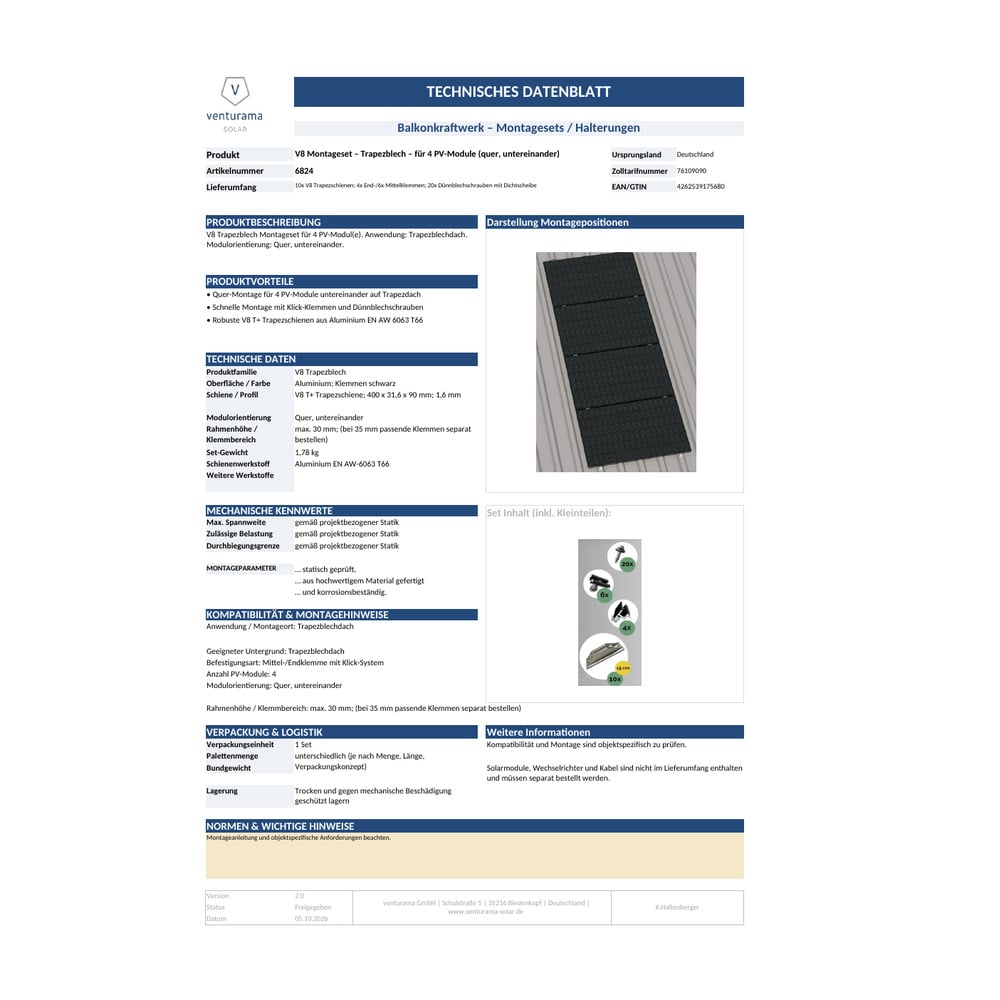 Alternative view of V8 Montageset – Trapezblech – für 4 PV-Module (quer, untereinander)
