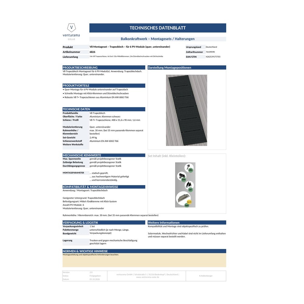 Alternative view of V8 Montageset – Trapezblech – für 6 PV-Module (quer, untereinander)