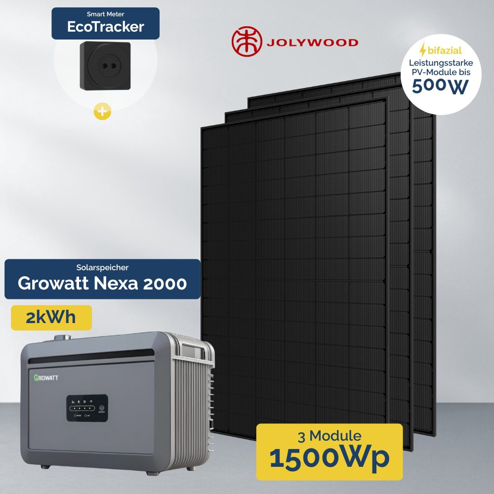 Produktbild 1500W Balkonkraftwerk Growatt NEXA 2000 + Ecotracker inklusive 3x Jolywood Full Black Module