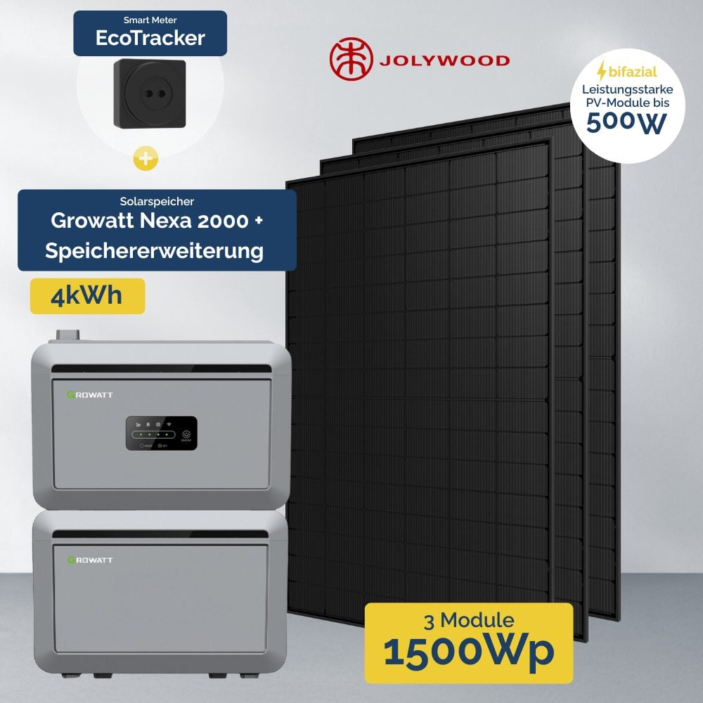 Produktbild 1500W Balkonkraftwerk 1x Erweiterungsspeicher - Growatt NEXA 2000 + Ecotracker inklusive 3x Jolywood Full Black Module