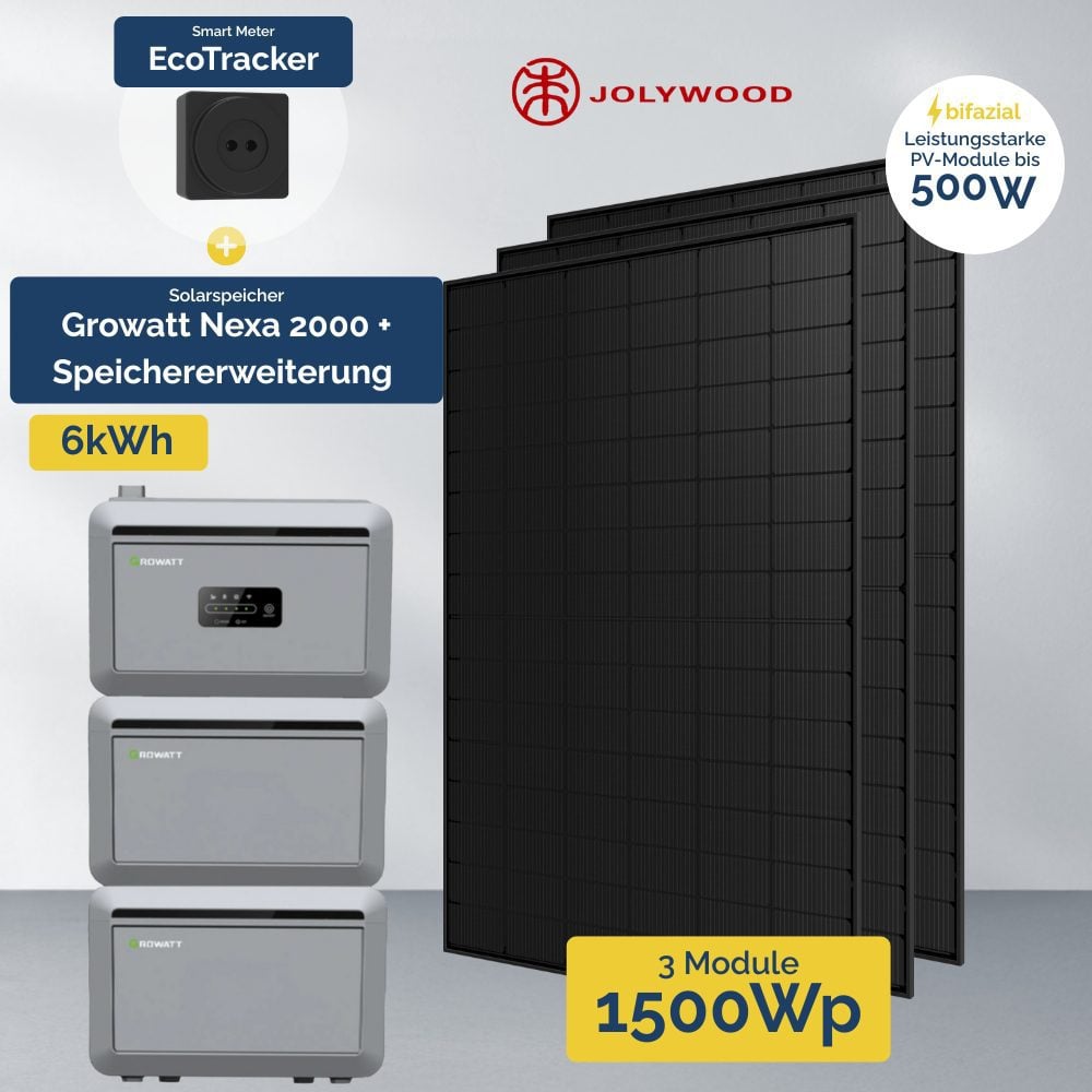 Produktbild 1500W Balkonkraftwerk 2x Erweiterungsspeicher - Growatt NEXA 2000 + Ecotracker inklusive 3x Jolywood Full Black Module