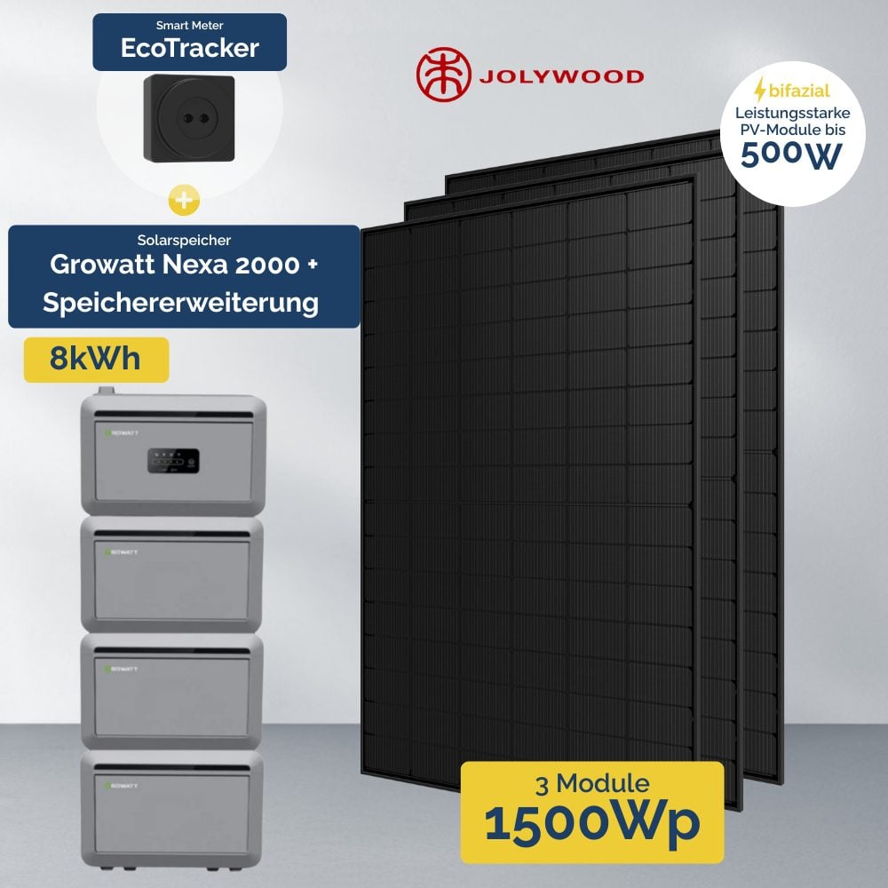 Produktbild 1500W Balkonkraftwerk 3x Erweiterungsspeicher - Growatt NEXA 2000 + Ecotracker inklusive 3x Jolywood Full Black Module