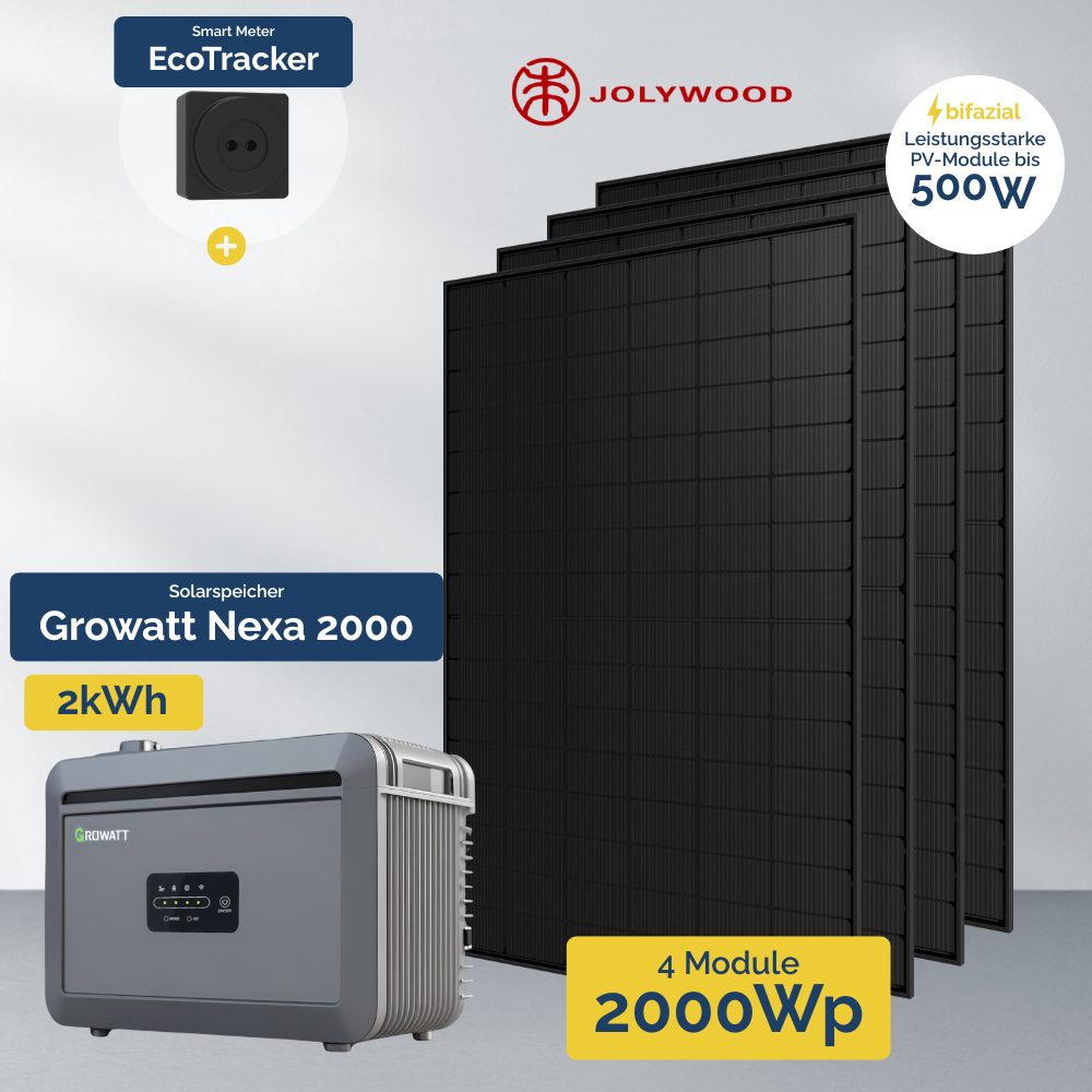 Produktbild 2000W Balkonkraftwerk Growatt NEXA 2000 + Ecotracker inklusive 4x Jolywood Full Black Module
