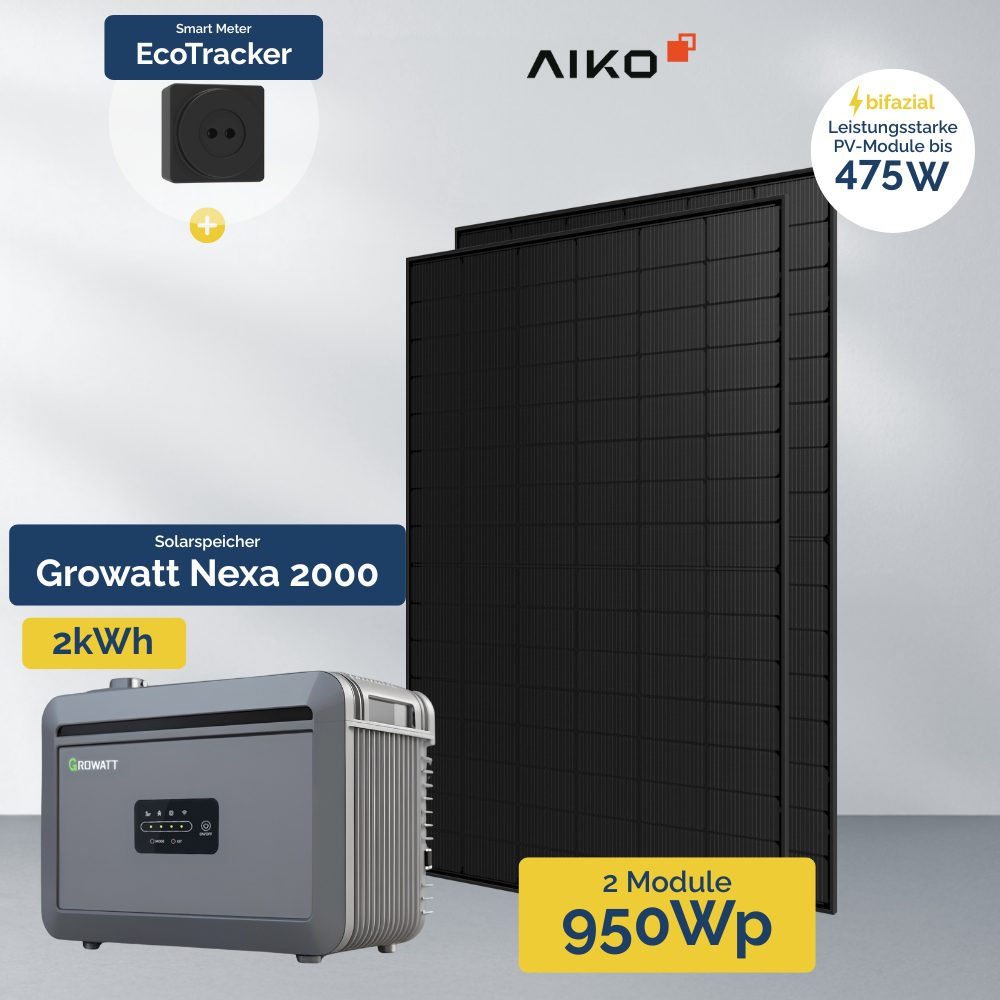 Produktbild 950W Balkonkraftwerk ohne Erweiterungsspeicher - Growatt NEXA 2000 + Ecotracker inklusive 2x Aiko Full Black Module