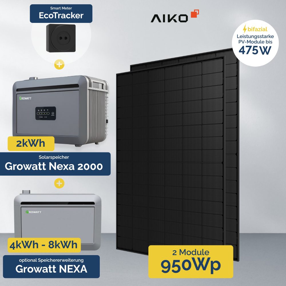 Produktbild 950W Balkonkraftwerk mit Speicher - Growatt NEXA 2000 All-in-One & 2x AIKO 475W