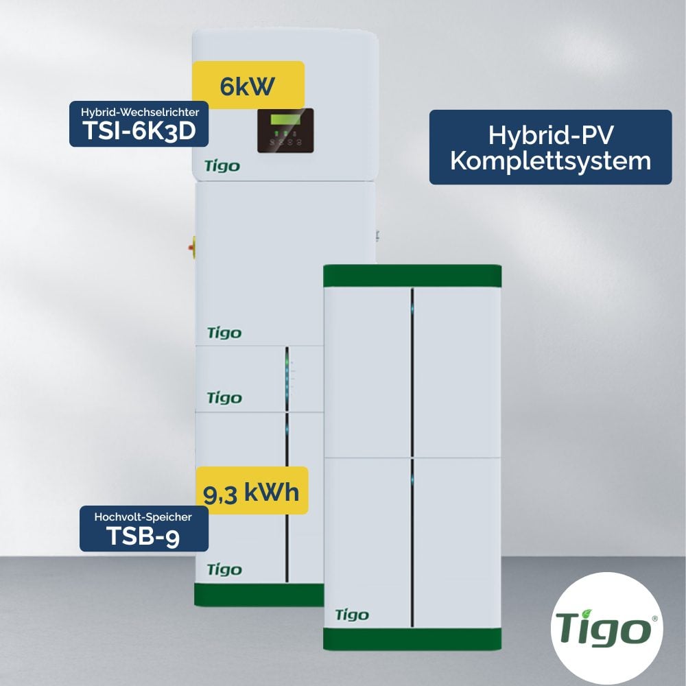 Produktbilder: Tigo Hybrid-PV Komplettsystem – TSI-6K3D 6 kW Wechselrichter & TSB-9 9,3 kWh Speicher