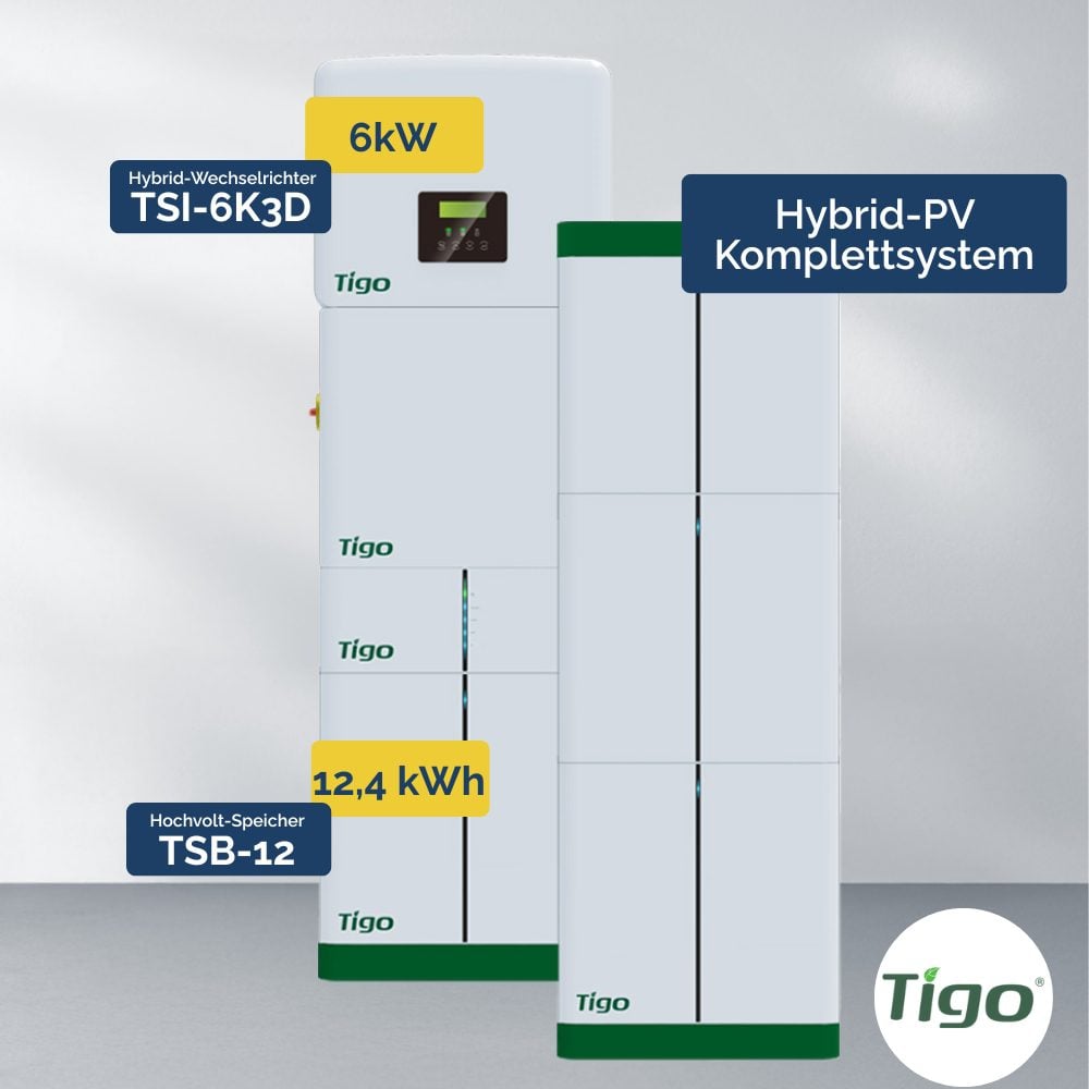 Produktbilder: Tigo Hybrid-PV Komplettsystem – TSI-6K3D 6 kW Wechselrichter & TSB-12 12,4 kWh Speicher