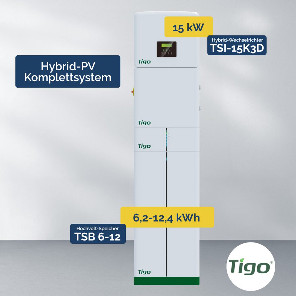 Produktbilder: Tigo Hybrid-PV Komplettsystem – TSI-15K3D 15 kW Wechselrichter & TSB 6-12 kWh Speicher