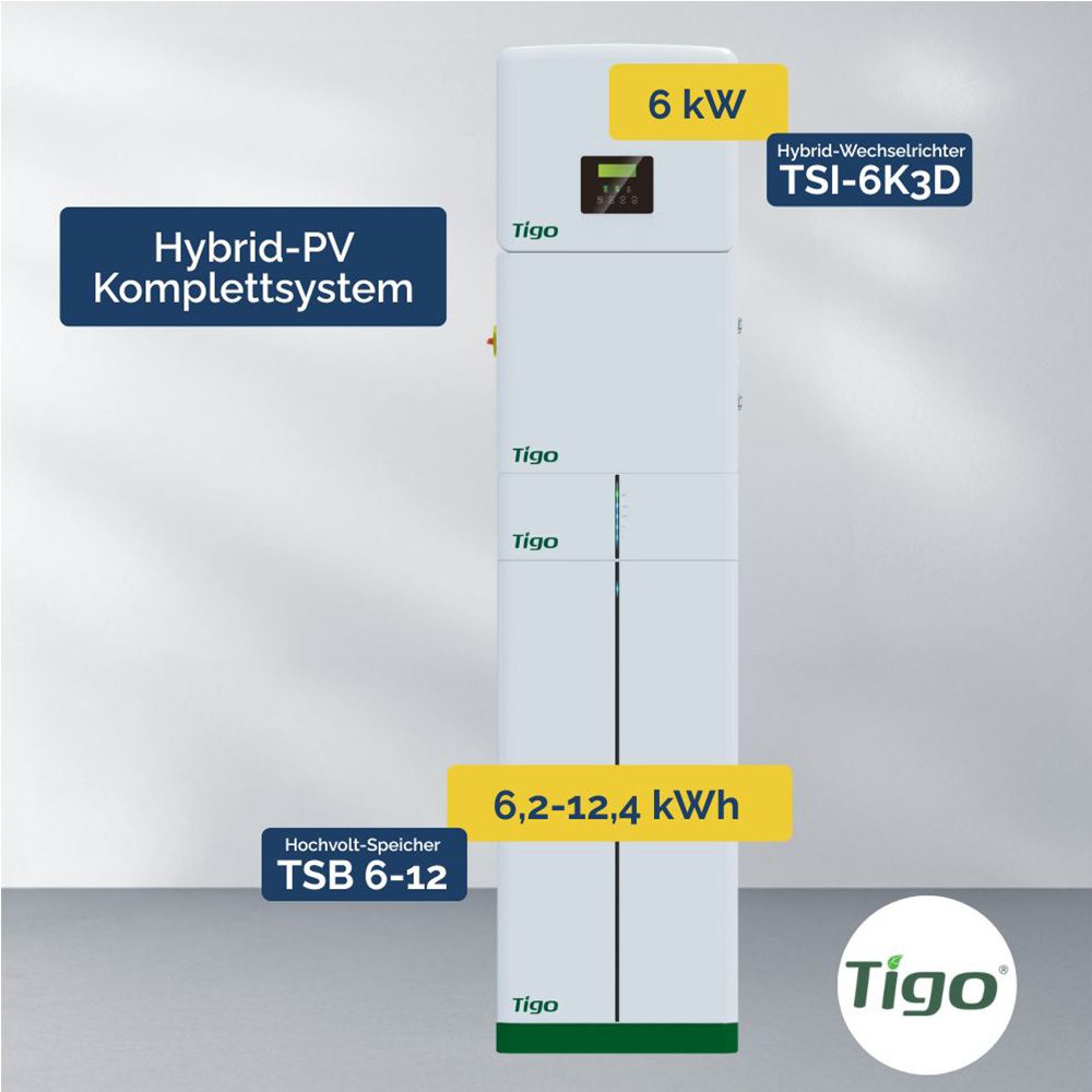 Produktbilder: Tigo Hybrid-PV Komplettsystem – TSI-6K3D 6 kW Wechselrichter & TSB 6-12kWh Speicher