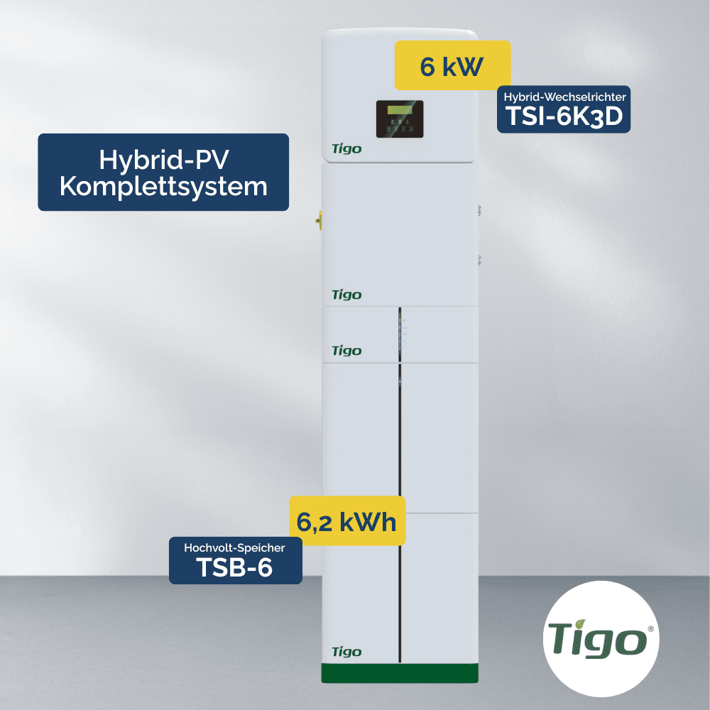 Produktbilder: Tigo Hybrid-PV Komplettsystem – TSI-6K3D 6 kW Wechselrichter & TSB-12 6,2 kWh Speicher