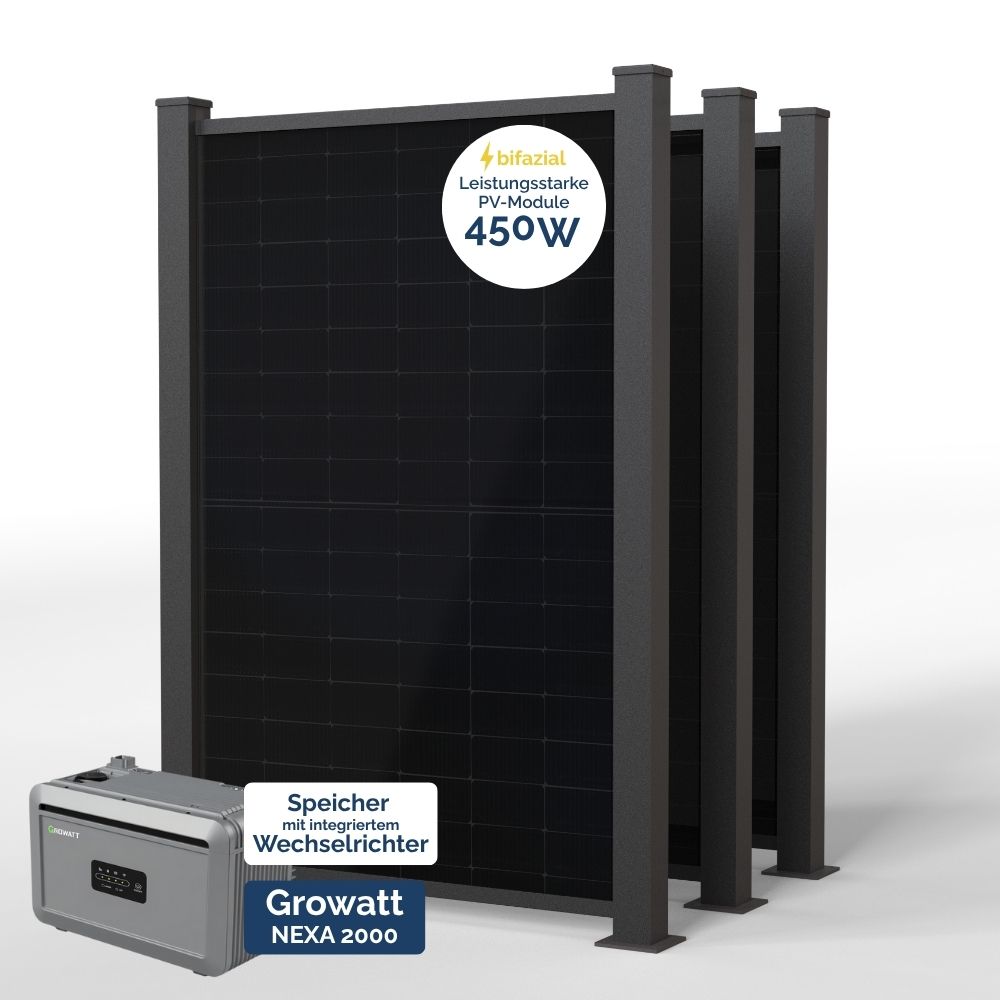 Produktbild PowerPVence Solarzaun 1,80m hoch mit drei PV Modulen und Speicher