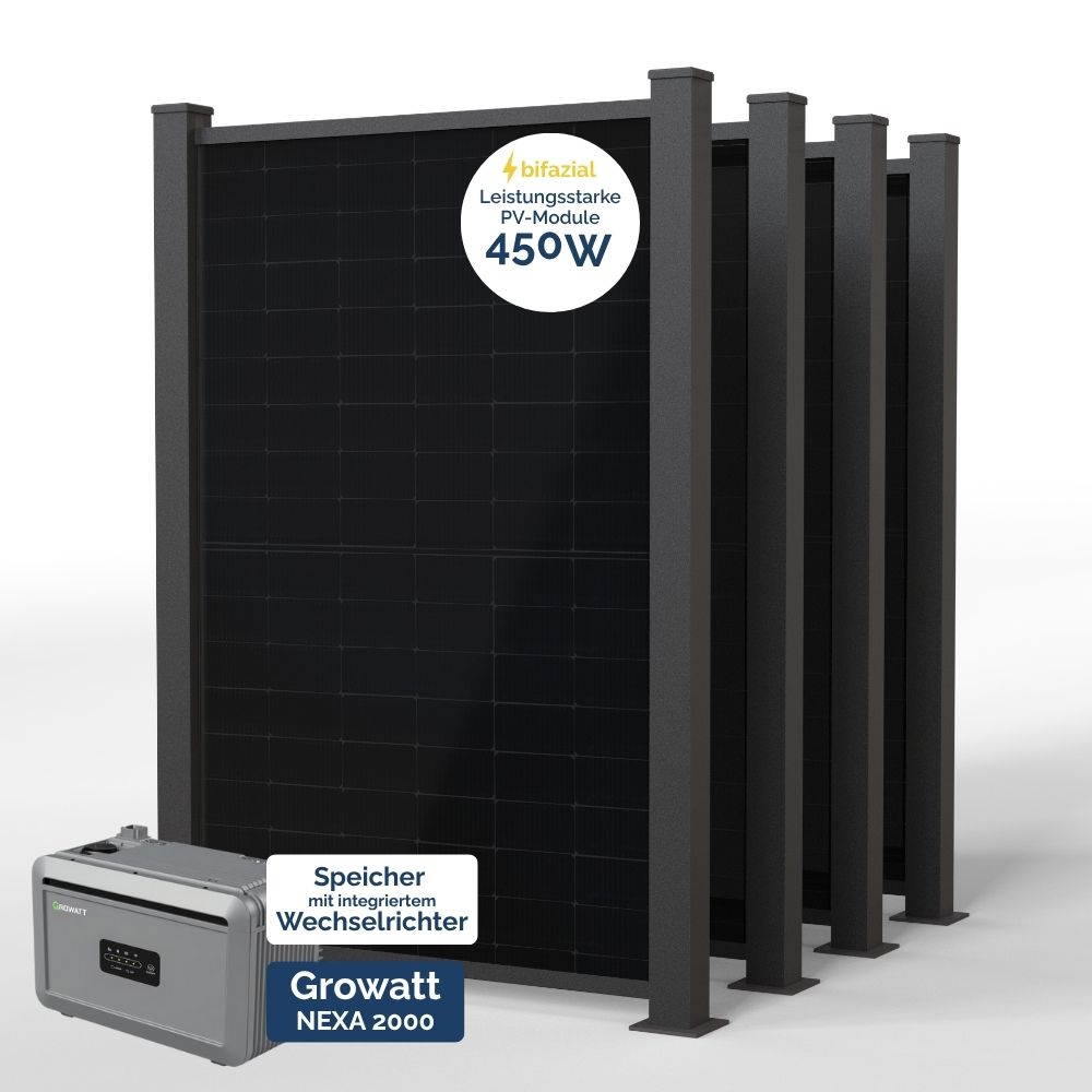 Produktbild PowerPVence Solarzaun 1,80m hoch mit vier PV Modulen und Speicher