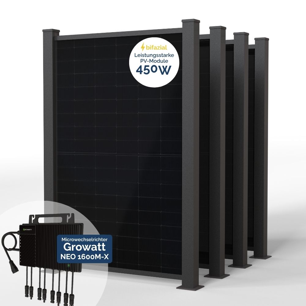 Produktbild PowerPVence Solarzaun 1,80m hoch mit vier PV Modulen und Wechselrichter