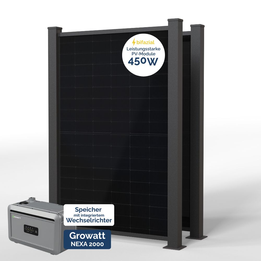 Produktbild PowerPVence Solarzaun 1,80m hoch mit zwei PV Modulen und Speicher
