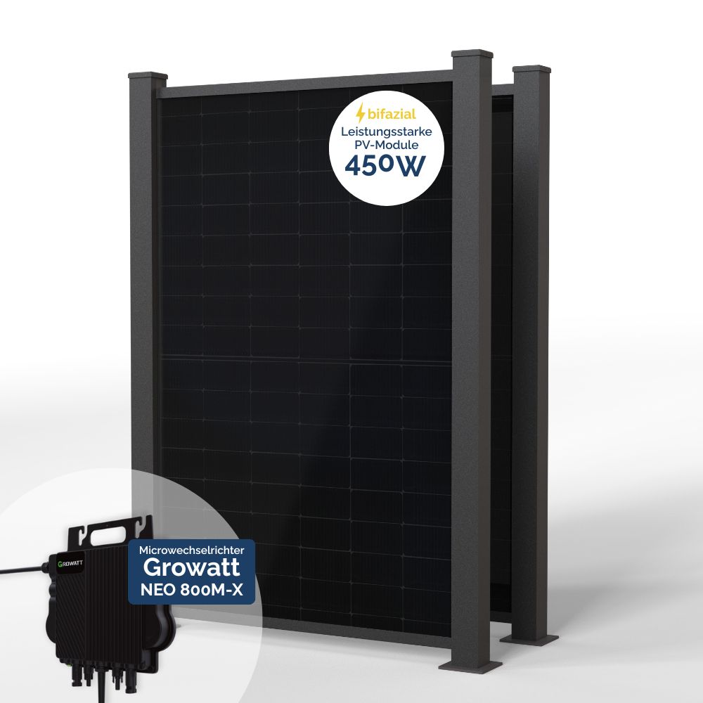 Produktbild PowerPVence Solarzaun 1,80m hoch mit zwei PV Modulen und Wechselrichter