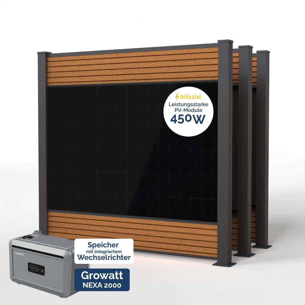 Produktbild FlexPVence Solarzaun 1,80m hoch mit drei PV Modulen und Speicher