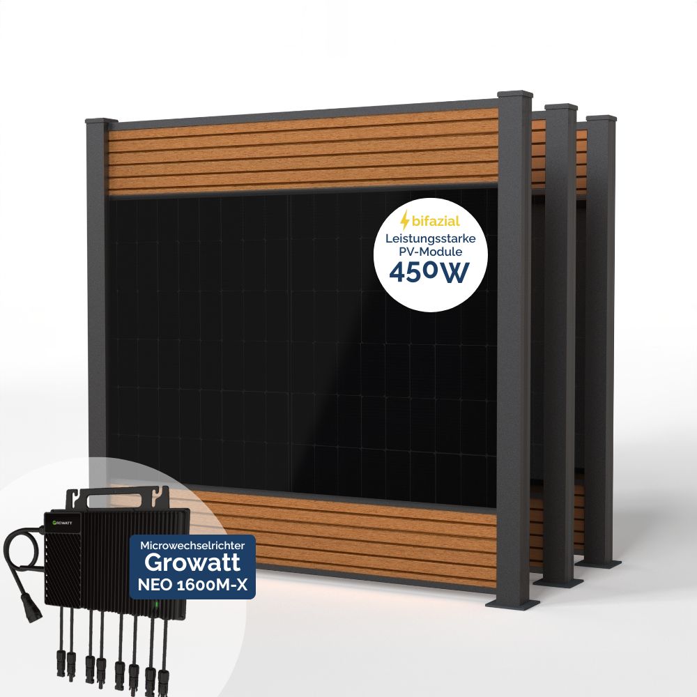 Produktbild FlexPVence Solarzaun 2m hoch mit drei PV Modulen und Wechselrichter