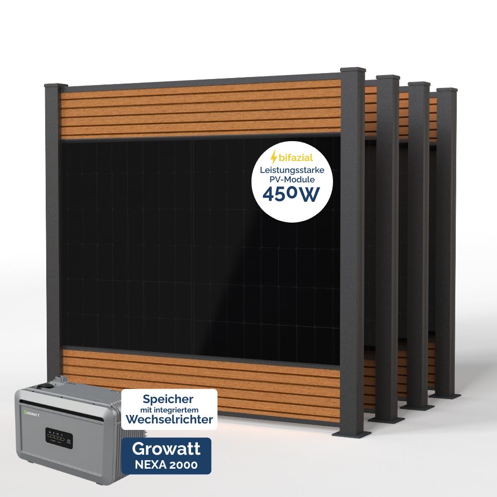 Produktbild FlexPVence Solarzaun 2m hoch mit vier PV Modulen und Speicher