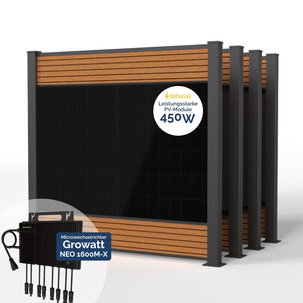 Produktbild FlexPVence Solarzaun 1,80m hoch mit vier PV Modulen und Wechselrichter