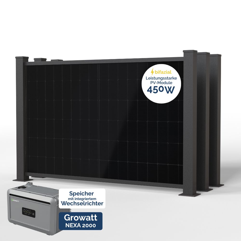 Produktbild BasicPVence Solarzaun 1,20m hoch mit drei PV Modulen und Speicher