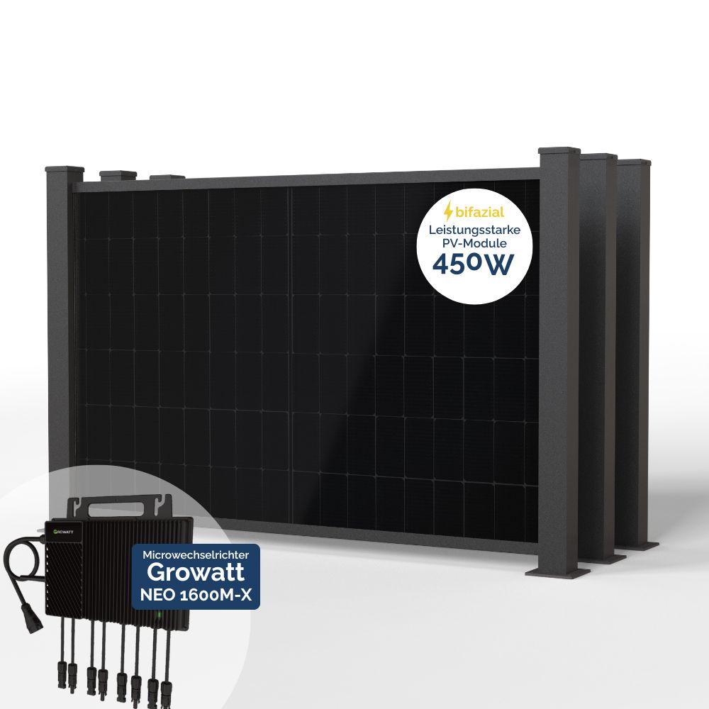 Produktbild BasicPVence Solarzaun 1,20m hoch mit drei PV Modulen und Wechselrichter
