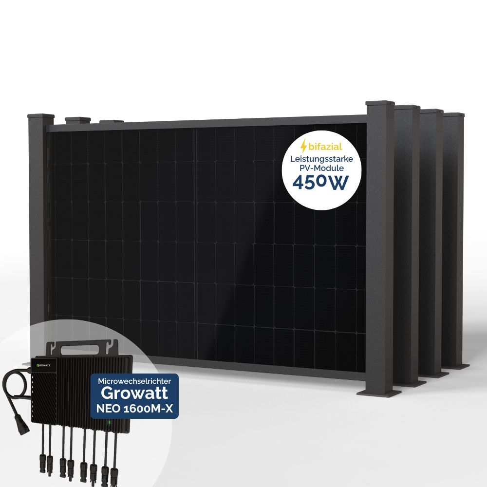 Produktbild BasicPVence Solarzaun 1,20m hoch mit vier PV Modulen und Wechselrichter