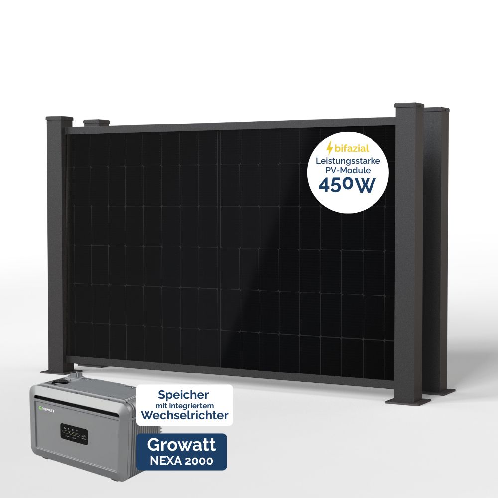 Produktbild BasicPVence Solarzaun 1,20m hoch mit zwei PV Modulen und Growatt NEXA 2000 Solarspeicher