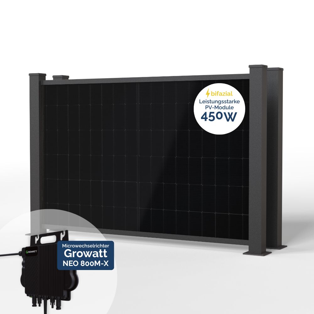 Produktbild BasicPVence Solarzaun 1,20m hoch mit zwei PV Modulen und Wechselrichter