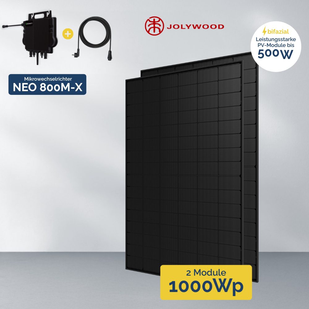 Produktbild 2x Jolywood 500W Full Black Modul Growatt Neo Microwechselrichter 800W ohne Speichersystem