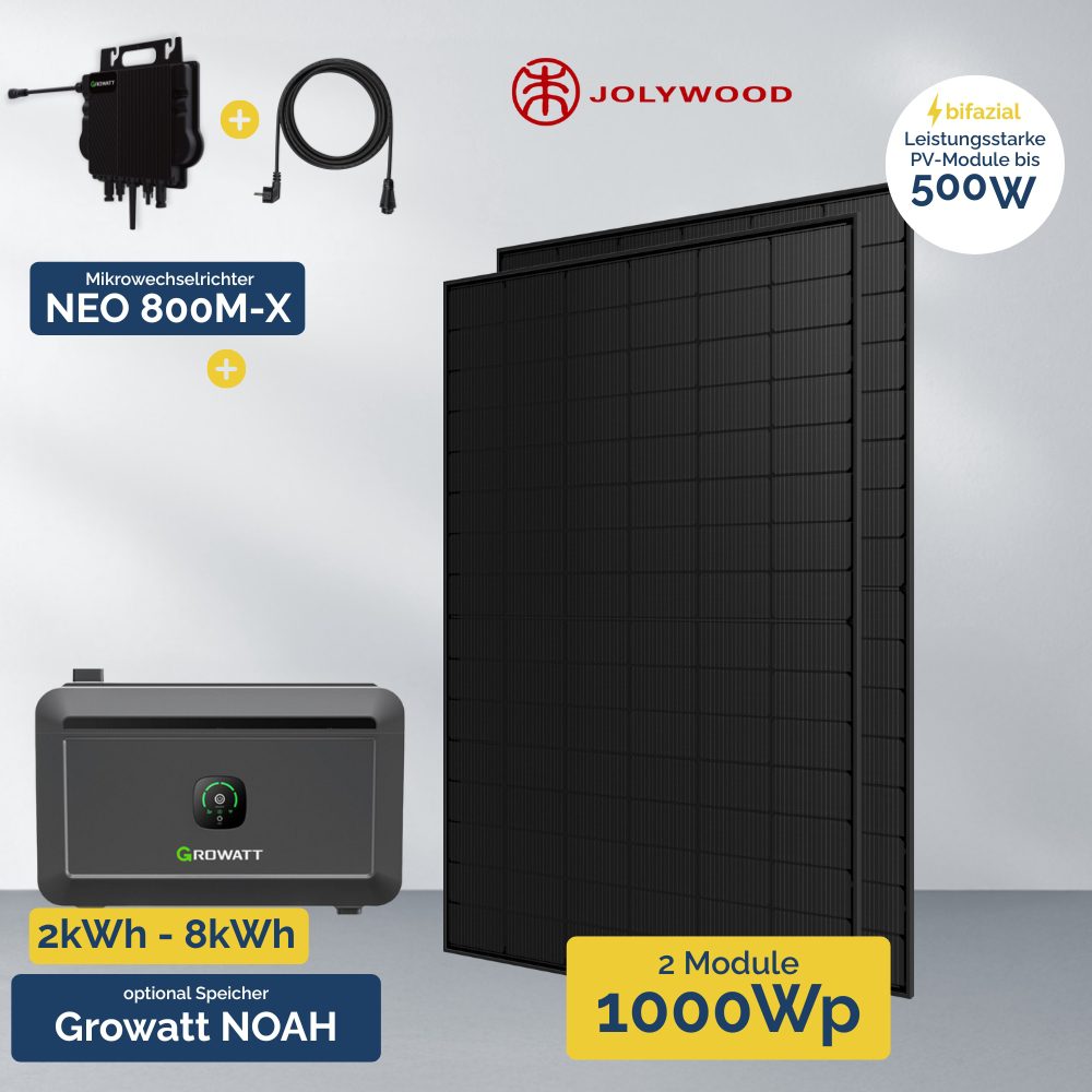 Produktbild 2x Jolywood 500W Full Black Modul Growatt Neo Microwechselrichter 800W und optional Speichersystem Noah