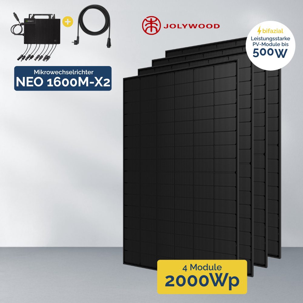 Produktbild 4x Jolywood 500W Full Black Modul Growatt Neo Microwechselrichter 800W ohne Speichersystem