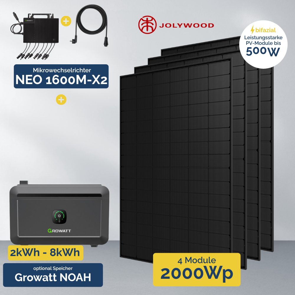 Produktbild 4x Jolywood 500W Full Black Modul Growatt Neo Microwechselrichter 800W und optional Speichersystem Noah