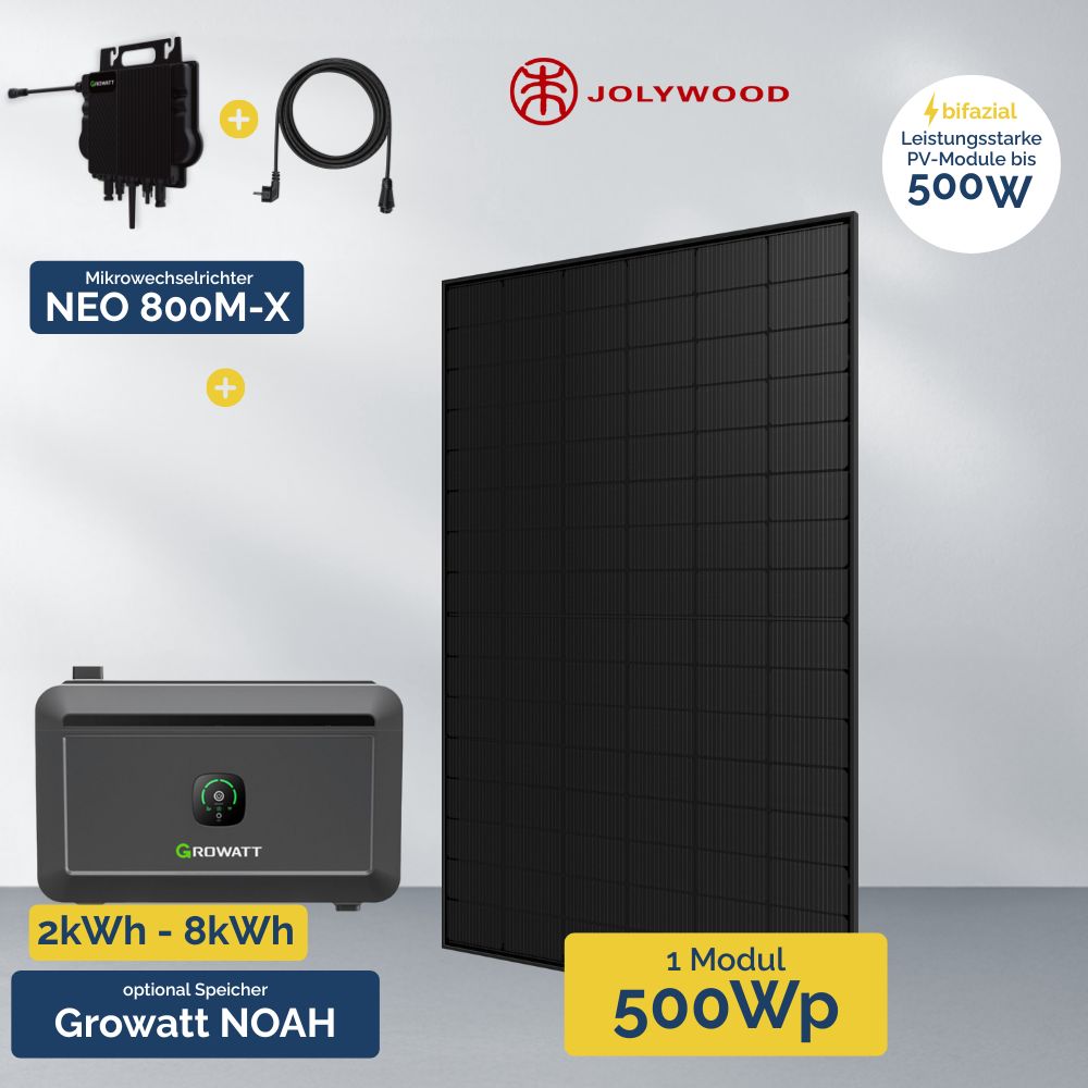 Produktbild Jolywood 500W Full Black Modul Growatt Neo Microwechselrichter 800W und optional Speichersystem Noah
