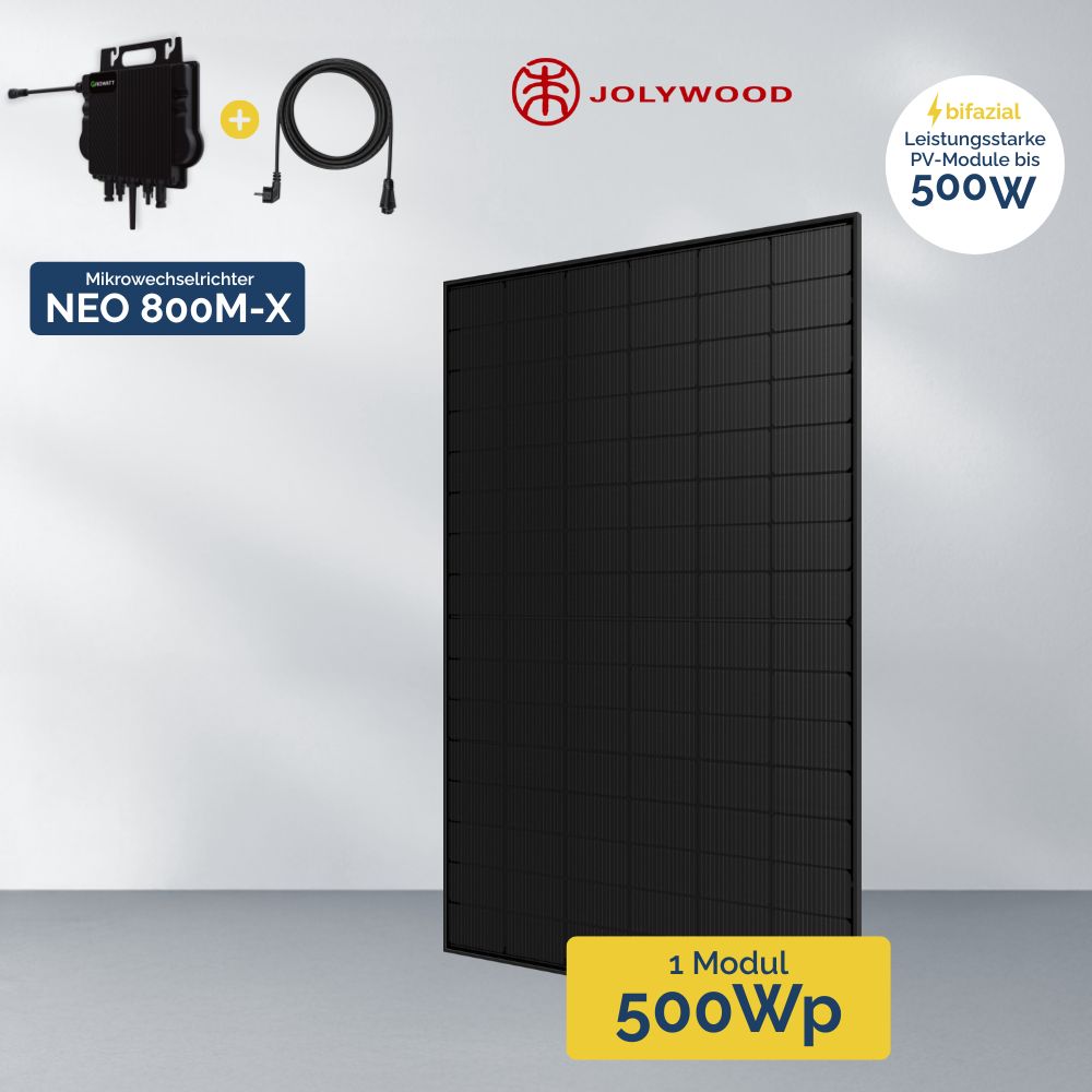 Produktbild 1x Jolywood 500W Full Black Modul Growatt Neo Microwechselrichter 800W ohne Speichersystem