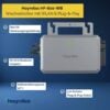 Der Hoymiles HF-800-WB 800 W Mikro-Wechselrichter mit WLAN, Bluetooth, 97% Wirkungsgrad und 5 m Schuko Plug-and-Play Kabel ist auf blauem Hintergrund mit hervorgehobenen Merkmalen abgebildet.
