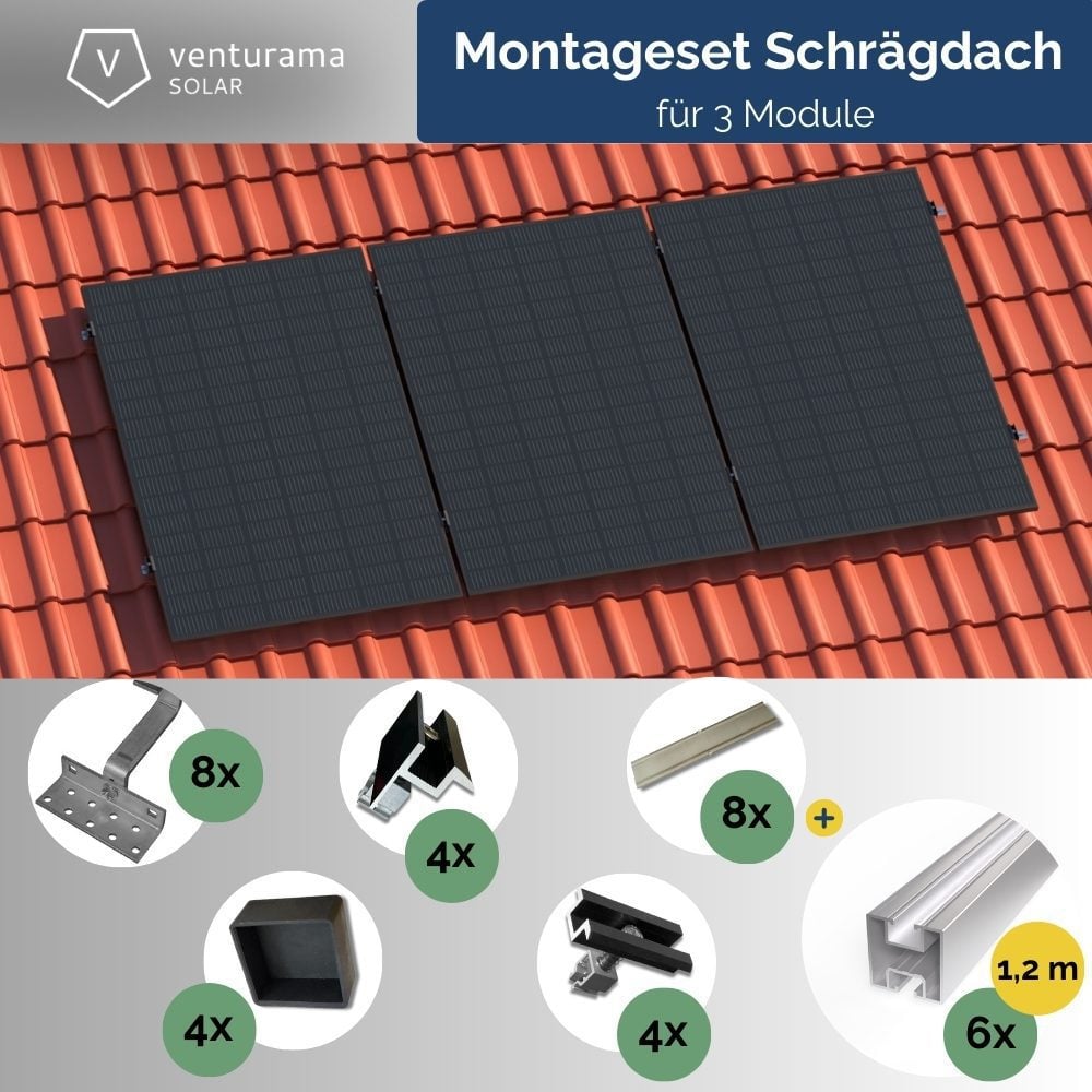 Produktbild Montageset - Schrägdach/Ziegeldach - für 3 x PV-Module (hochkant, nebeneinander)