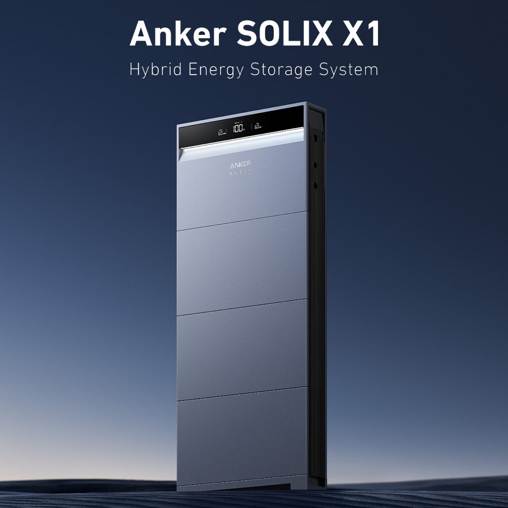 Werbegrafik auf dunkelblauem Verlauf: schlankes X1 System in der Nahaufnahme, darüber Schriftzug „Anker SOLIX X1 – Hybrid Energy Storage System